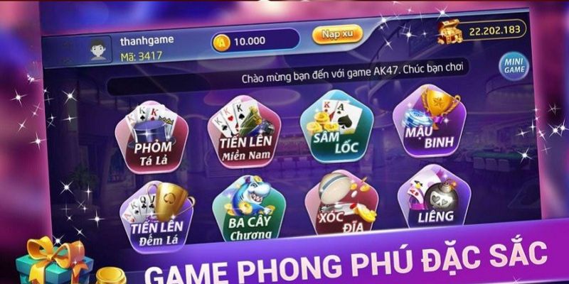 Các lựa chọn giải trí trong cổng game bài AK47