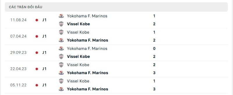 Thành tích đối đầu giữa Yokohama vs Vissel trong quá khứ